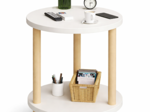Masuta rotunda moderna cu polita blat alb si picioare din lemn 40 x 53 cm