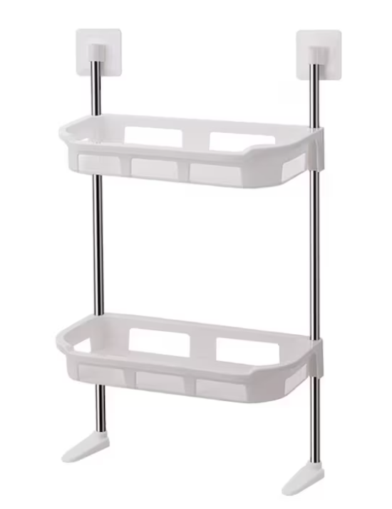 Reducere 49% - Raft de baie pentru depozitare multifunctional din metal si plastic cu 2 polite dimensiuni 58 x30cm 1 Raft de baie pentru depozitare multifunctional din metal si plastic cu 2 polite dimensiuni 58 x30cm