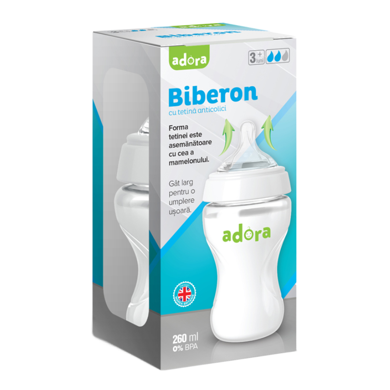 Reducere 35% - Biberon cu gat larg si tetina anticolici, 3-6 luni, 260ml, Adora 1 Biberon cu gat larg si tetina anticolici
