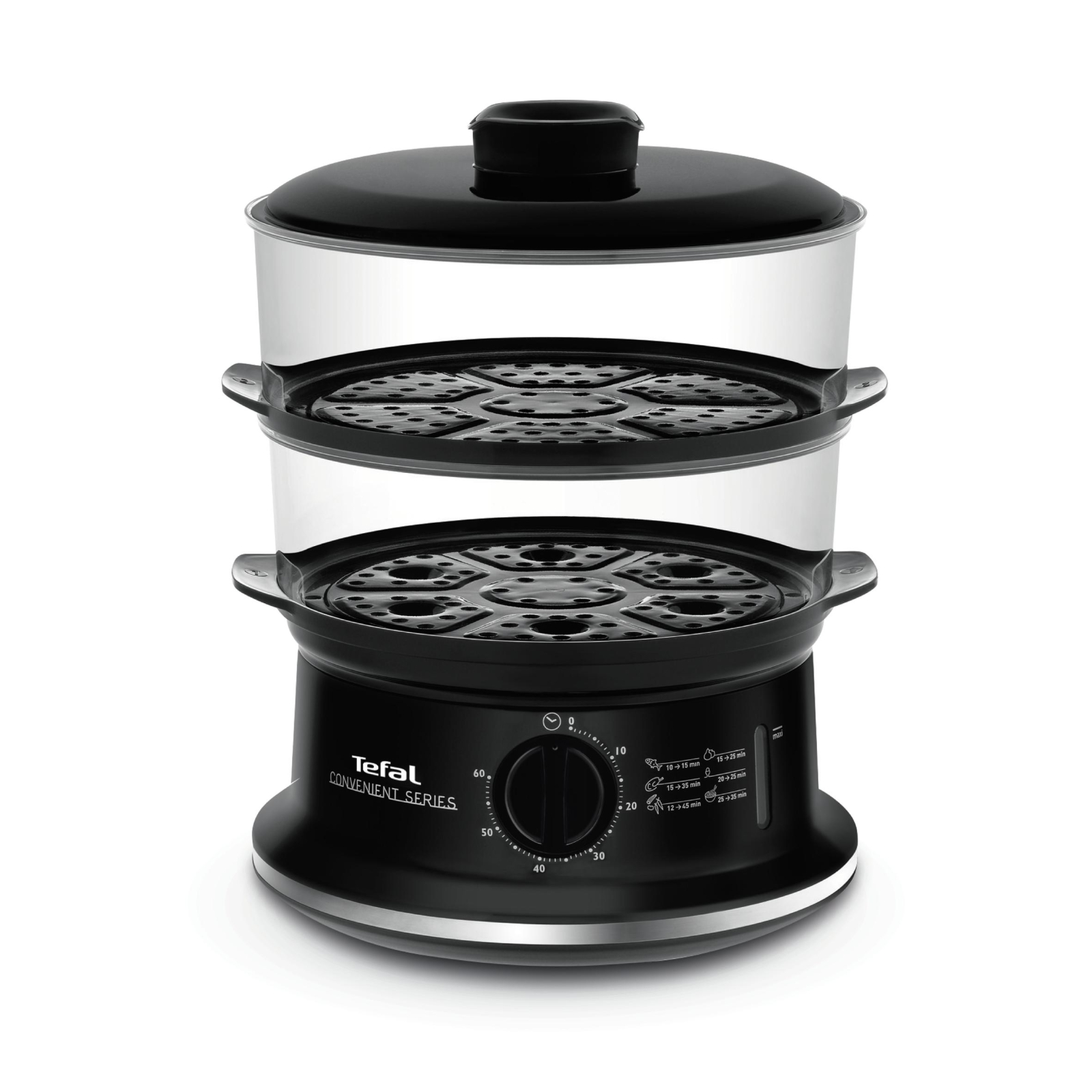 Reducere 20% - Aparat de gatit cu aburi Tefal Convenient Series VC140131, 2 vase, cronometru mecanic, 2 accesorii, 6 L, plastic, negru 1 Aparat de gatit cu aburi Tefal Convenient Series VC140131