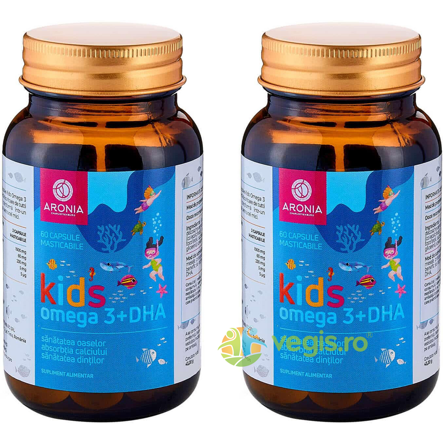 Reducere 17% - Pachet Kids Omega 3 + DHA pentru Cresterea si Dezvoltare Sanatoasa a Copillor 60cps+60cps masticabile 1 Pachet Kids Omega 3 + DHA pentru Cresterea si Dezvoltare Sanatoasa a Copillor 60cps+60cps masticabile