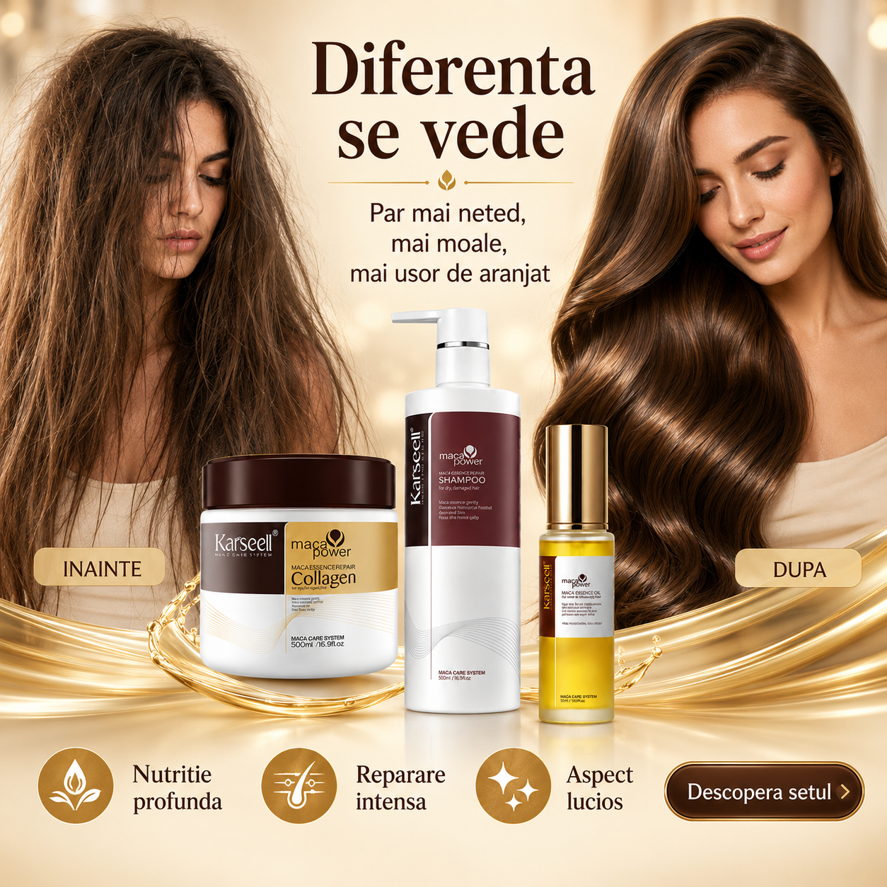 Reducere 40% - Masca, Sampon, Ulei de par Karseell Collagen, pentru toate tipurile de par, cu esenta de maca, excelent pentru ingrijirea parului, masca 500ML, sampon 500ML, ulei 50ML, CEZI 2 Sampon