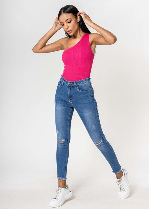 Reducere 37% – Blugi slim dama cu detalii rupte, Albastru P501-5 M10 1 Blugi slim dama cu detalii rupte