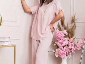 Pantaloni palazzo Athena cu talie elastica si insertii argintii - Roz pudrat