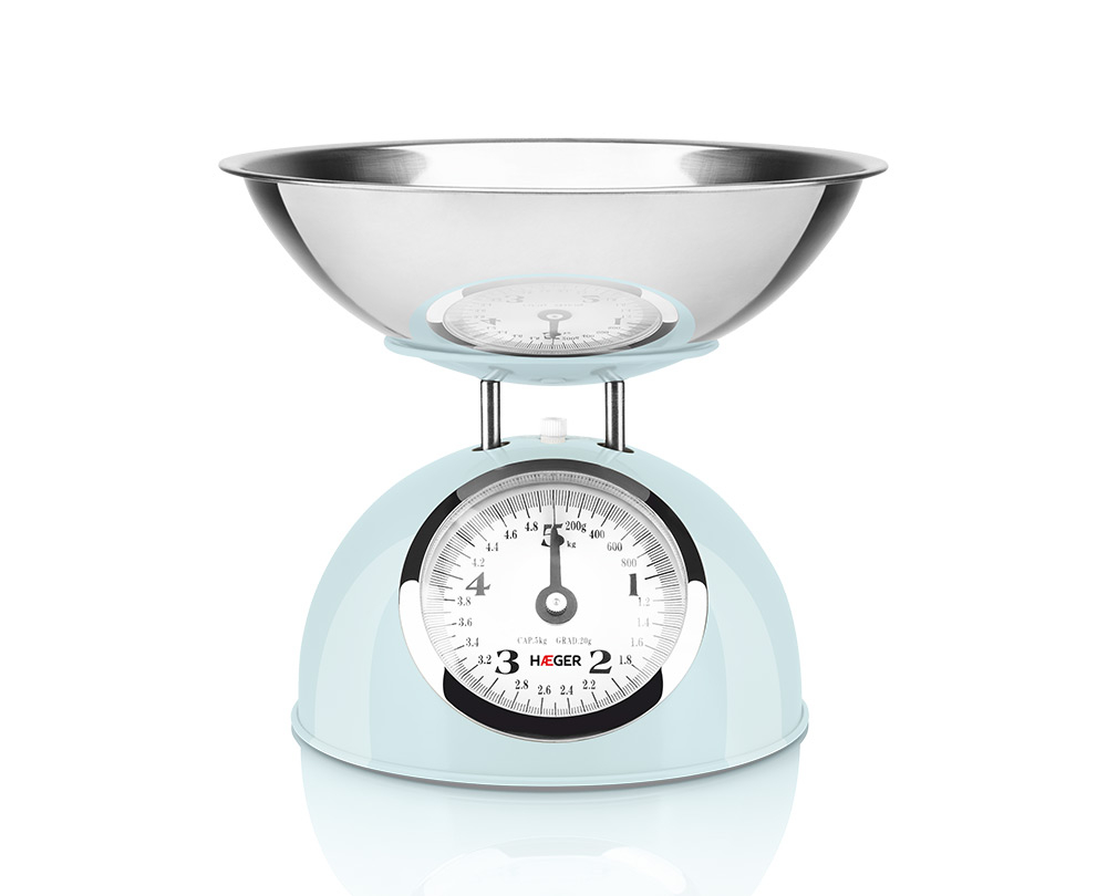 Reducere 20% - Cantar de bucatarie mecanic HAEGER PASTEL, Capacitate 5 kg, Diviziune 20 g, Bol detasabil, Albastru pastel 1 Cantar de bucatarie mecanic HAEGER PASTEL