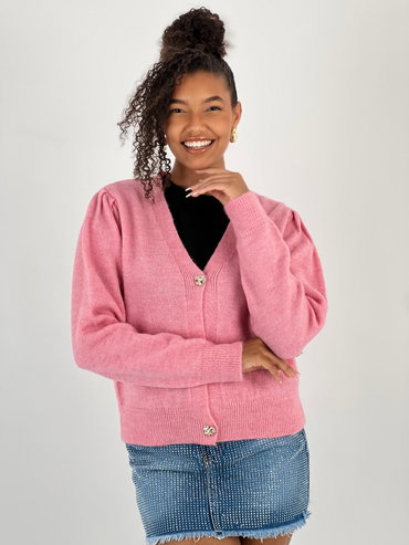Reducere 18% - Cardigan cu decolteu in V, din tricotaj roz cu nasturi decorativi aurii 1 Cardigan cu decolteu in V