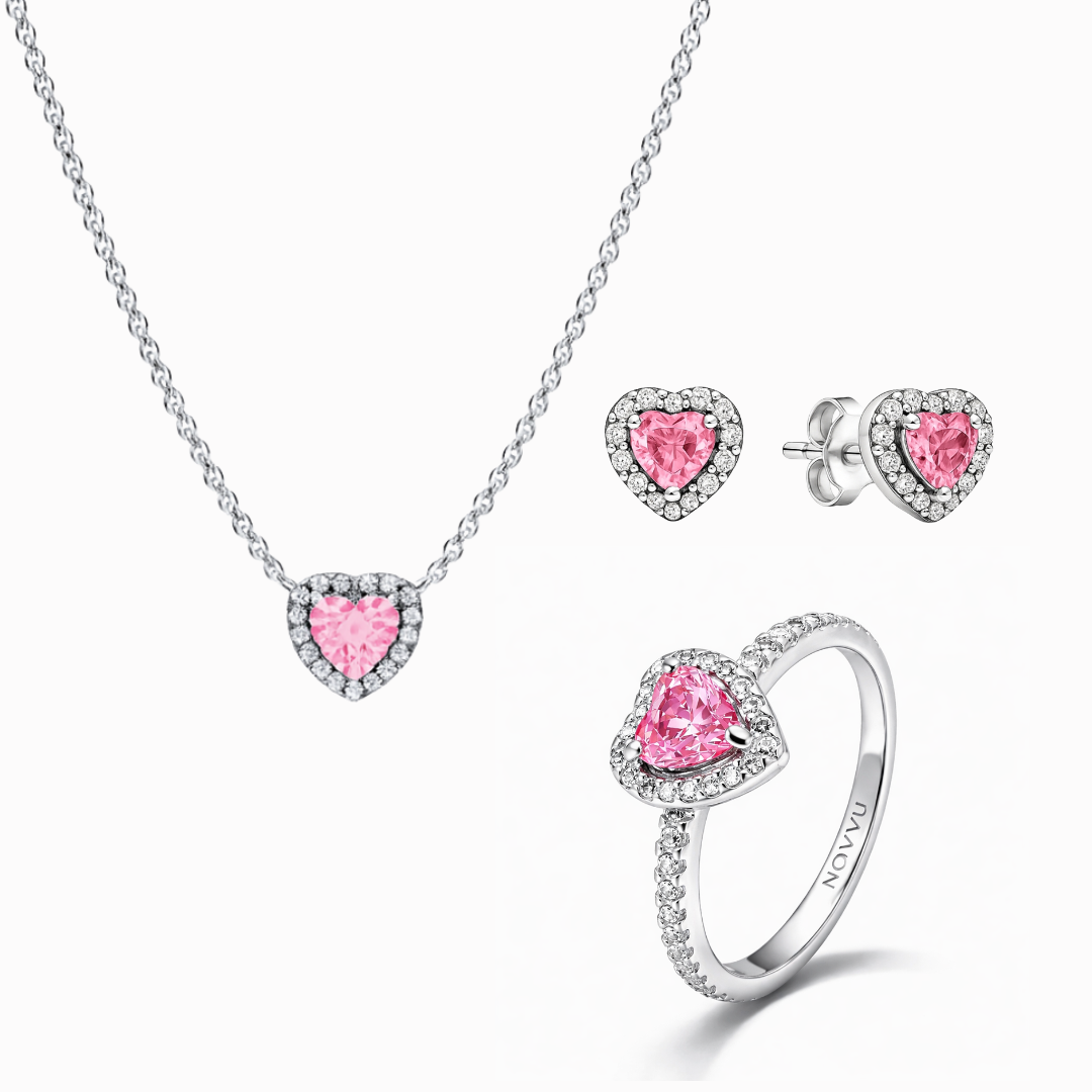 Reducere 26% - Set bijuterii Inel,Cercei si Colier Pink Heart cu Argint 1 Set bijuterii Inel