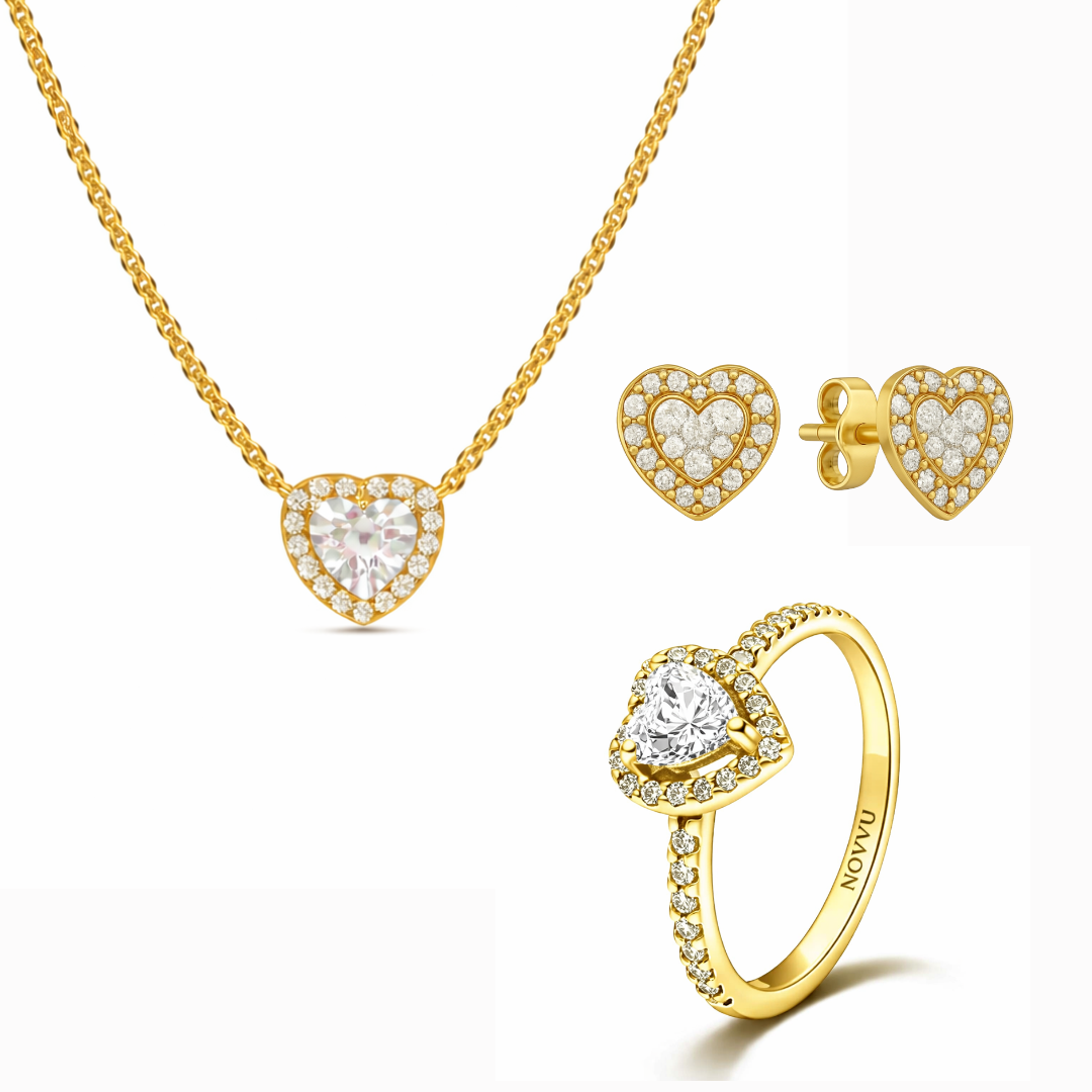 Reducere 26% - Set bijuterii Inel,Cercei si Colier Gold White Heart Cu Argint 1 Set bijuterii Inel