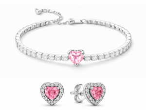Set bijuterii Cercei si Bratara Pink Heart Cu Argint