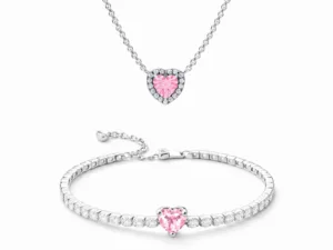 Set bijuterii Colier si Bratara Pink Heart Cu Argint