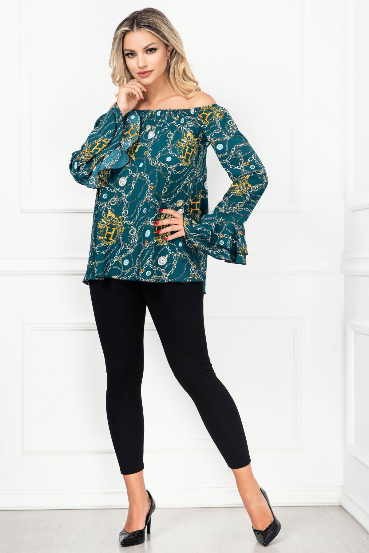 Reducere 38% - Compleu dama verde Eliza cu imprimeu si volane la maneci By InPuff 1 Compleu dama verde Eliza cu imprimeu si volane la maneci By InPuff