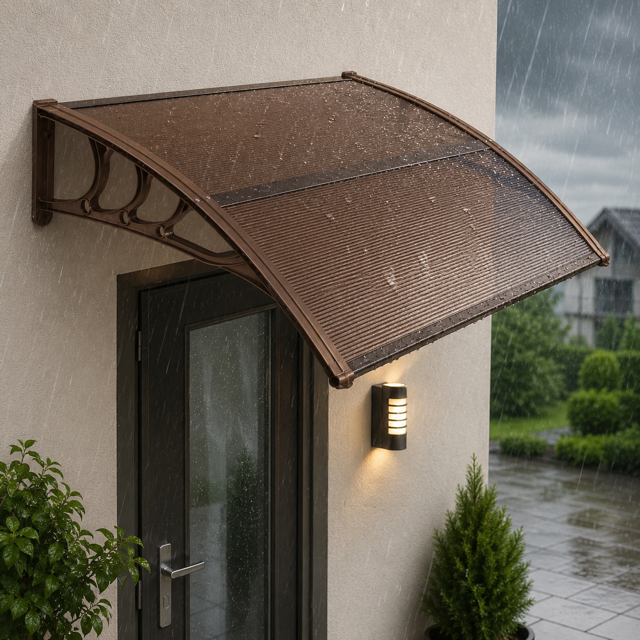 Reducere 20% - Copertina protectie usa si fereastra, policarbonat cu protectie UV, 150 x 80 cm, maro transparent 1 Copertina protectie usa si fereastra