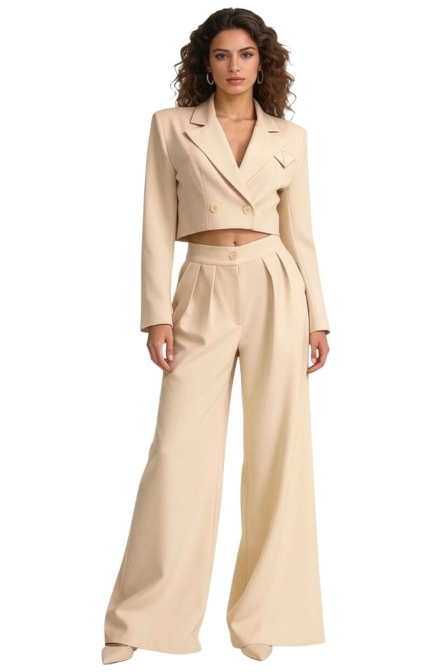Reducere 40% - Costum office Marcella, cu sacou structurat si pantaloni evazati, Bej, Marime S/M 1 Costum office Marcella