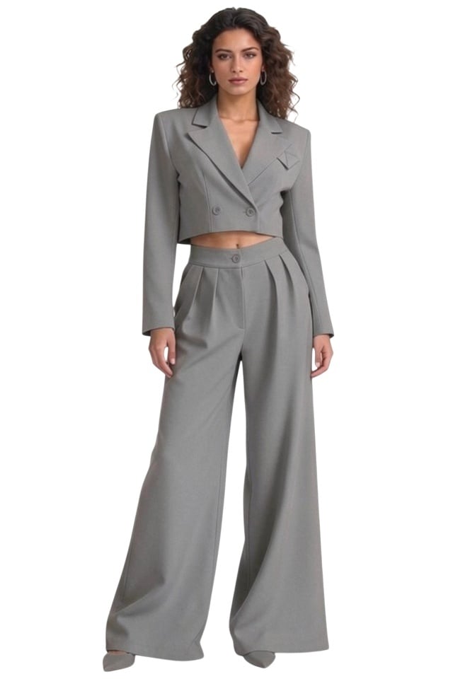 Reducere 40% - Costum office Marcella, cu sacou structurat si pantaloni evazati, Gri, Marime S/M 1 Costum office Marcella