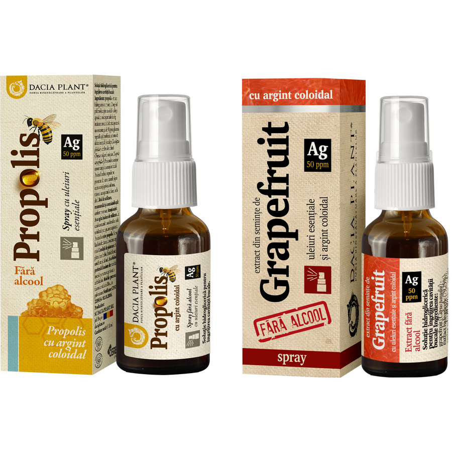 Reducere 2% - Pachet Propolis cu Argint Coloidal fara Alcool Spray 20ml + Grapefruit cu Argint Coloidal fara Alcool Spray 20ml 1 Pachet Propolis cu Argint Coloidal fara Alcool Spray 20ml + Grapefruit cu Argint Coloidal fara Alcool Spray 20ml