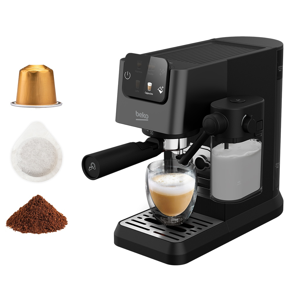 Reducere 35% - Espressor Manual 3in1 BEKO CEP5464DX, 1.1l, 1600W, 20 Bar, Sistem Cappuccino, Cafea macinata, Capsule sau Paduri, Negru 1 Espressor Manual 3in1 BEKO CEP5464DX