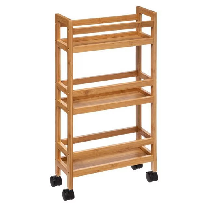 Reducere 20% - Etajera mobila bambus 3 rafturi pe roti, 36x15x74 cm, compacta practica, bej 1 Etajera mobila bambus 3 rafturi pe roti