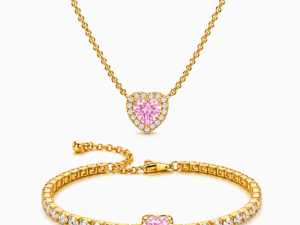 Set bijuterii Colier si Bratara Pink Heart Cu Aur