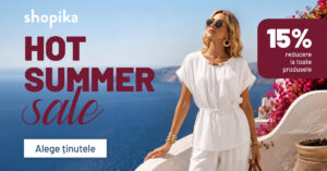 Ținută albă Shopika într-un decor de vară și mesajul campaniei cu 15% reducere