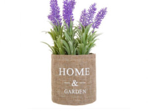 Flori de lavanda artificiale decorative in ghiveci acoperit cu panza de iuta