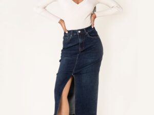 Fusta albastru inchis de denim cu slit frontal P215 M10