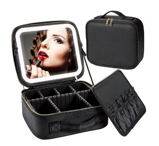 Reducere 50% - Geanta pentru cosmetice cu oglinda si lumina LED compartiment separat pentru pensule 1 Geanta pentru cosmetice cu oglinda si lumina LED compartiment separat pentru pensule