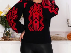 Ie traditionala neagra Effect cu broderie rosie