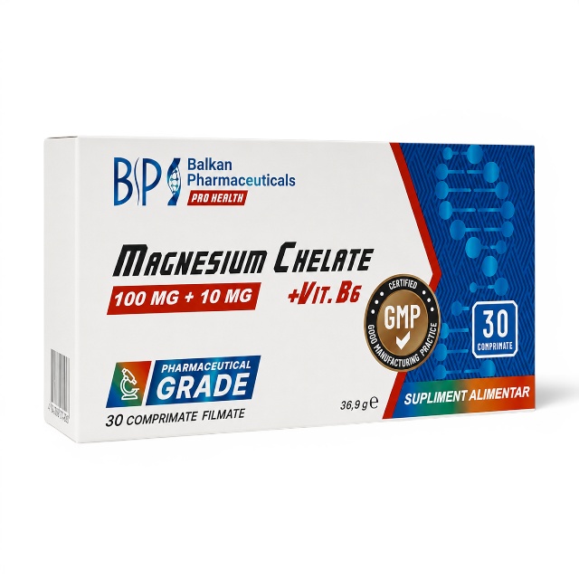 Reducere 15% - Magnesium Chelate + Vit. B6, 100 mg, 30 capsule, Balkan Pharmaceuticals 1 Magnesium Chelate + Vit. B6