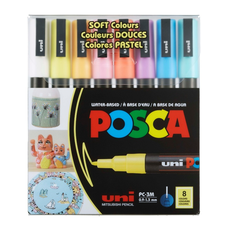 Reducere 5% - Set 8 Markere POSCA PC-3M , Culori Pastelate, Varf Rotund Fin 0.9, 1.3 mm 1 Set 8 Markere POSCA PC-3M