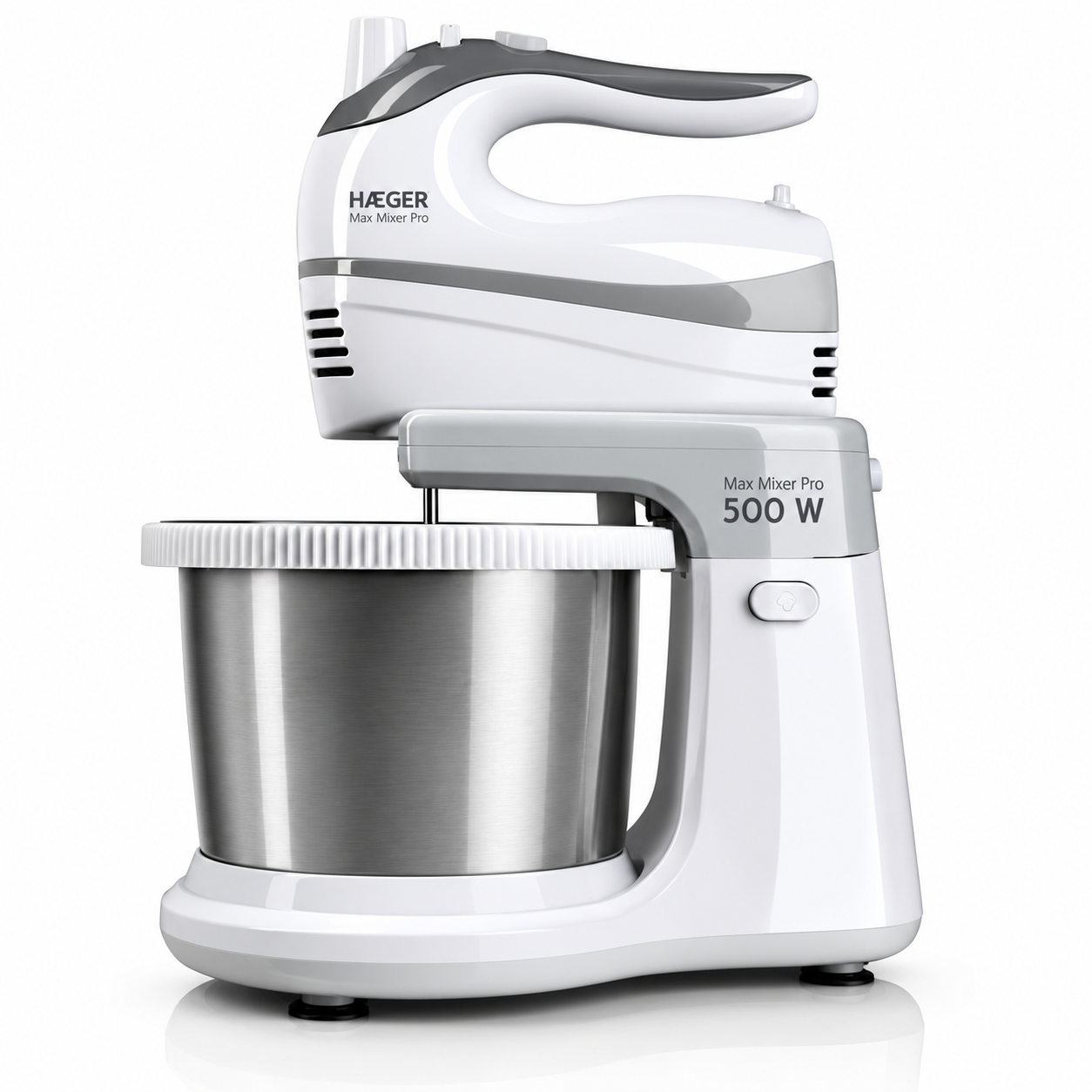 Reducere 20% - Mixer cu bol din inox HAEGER MAX MIXER PRO, Bol rotativ 3L, Putere 500W, Bol auto-rotativ pentru amestecare uniforma, 5 viteze si functie Turbo, Alb 1 Mixer cu bol din inox HAEGER MAX MIXER PRO