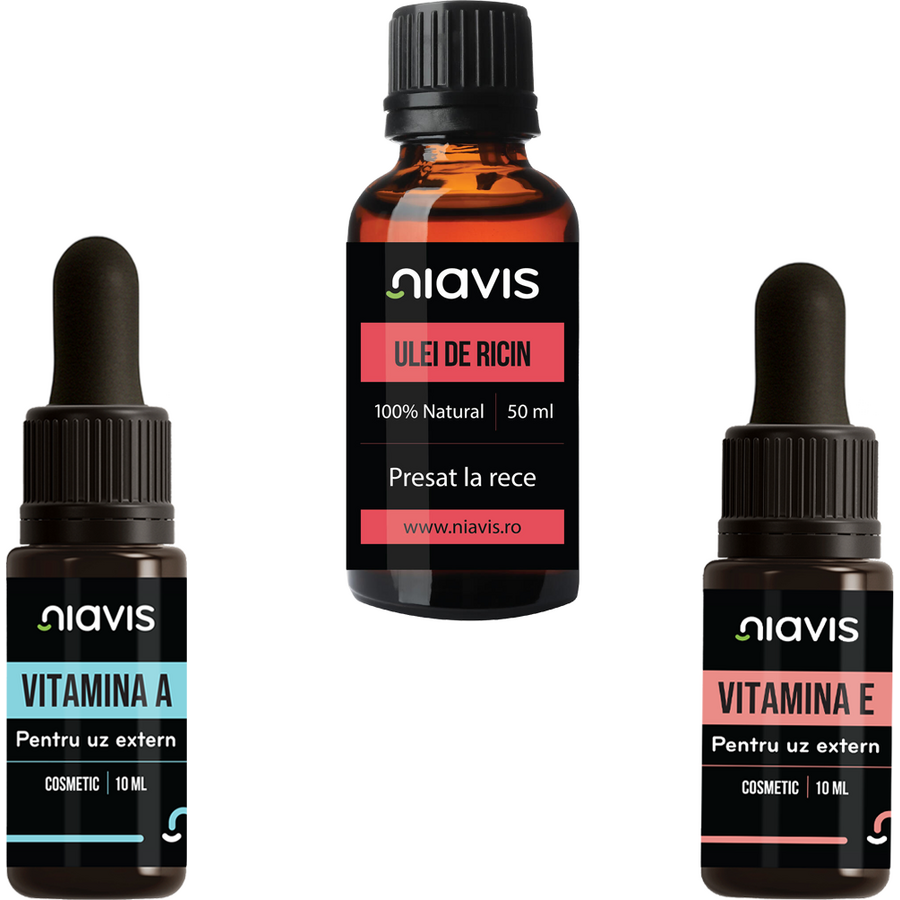 Reducere 22% - Pachet Ulei de Ricin Presat la Rece 50ml + Vitamina E 10ml + Vitamina A 10ml 1 Pachet Ulei de Ricin Presat la Rece 50ml + Vitamina E 10ml + Vitamina A 10ml