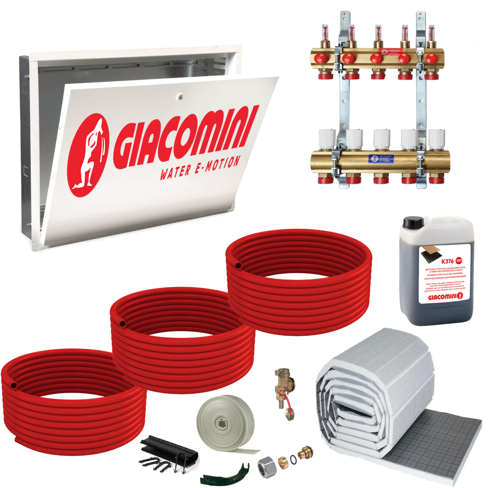 Reducere 15% - Pachet incalzire in pardoseala Giacomini, 100 mp, teava PEX-b cu bariera anti-oxigen EVOH, Distribuitor, Caseta Distribuitor, Placa Tacker, Aditiv 1 Pachet incalzire in pardoseala Giacomini