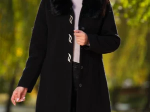 Palton dama elegant negru Anais din stofa cu guler din blana