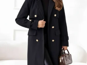 Palton negru elegant cu cordon s...