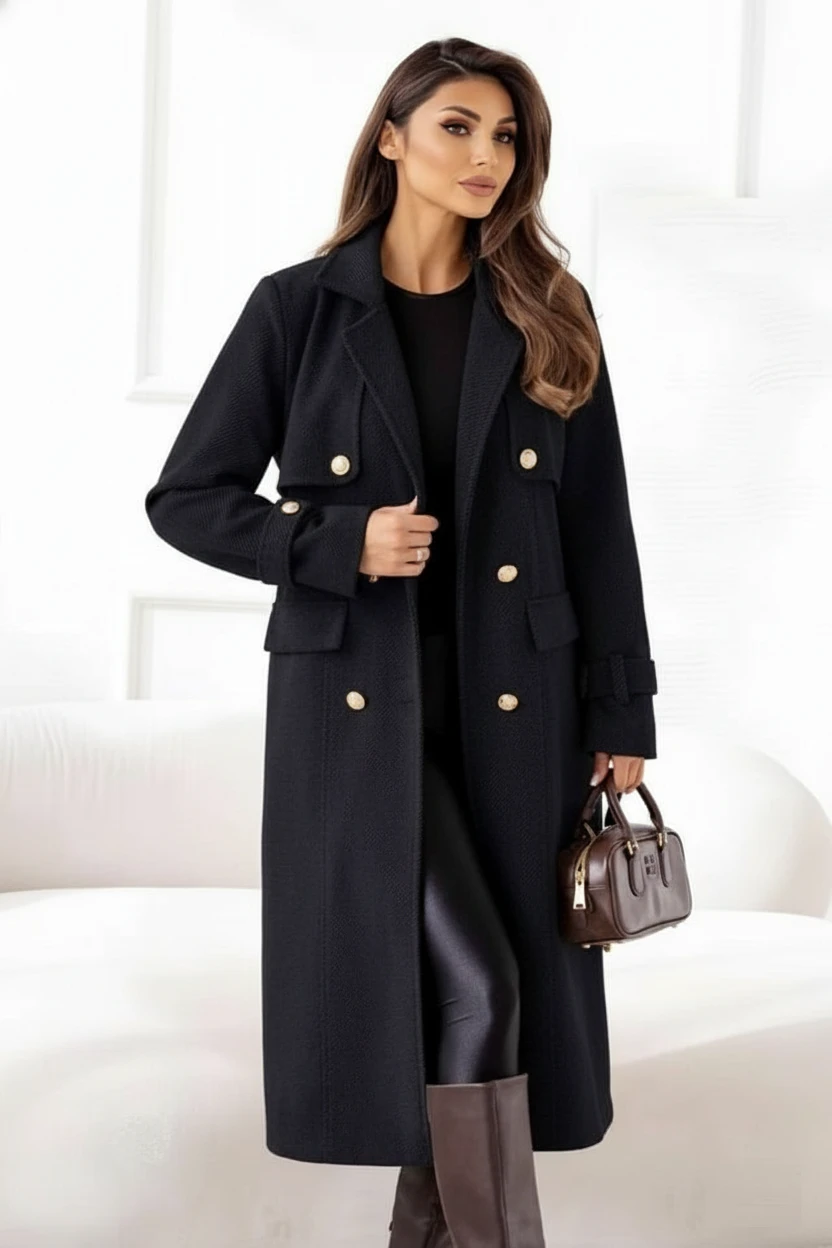 Reducere 24% - Palton negru elegant cu cordon s... 1 Palton negru elegant cu cordon s...