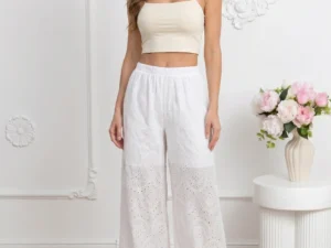 Pantaloni dama albi wide-leg cu ...