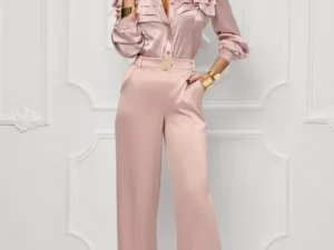 Pantaloni roz din tafta cu talie inalta elastica si centura detasabila