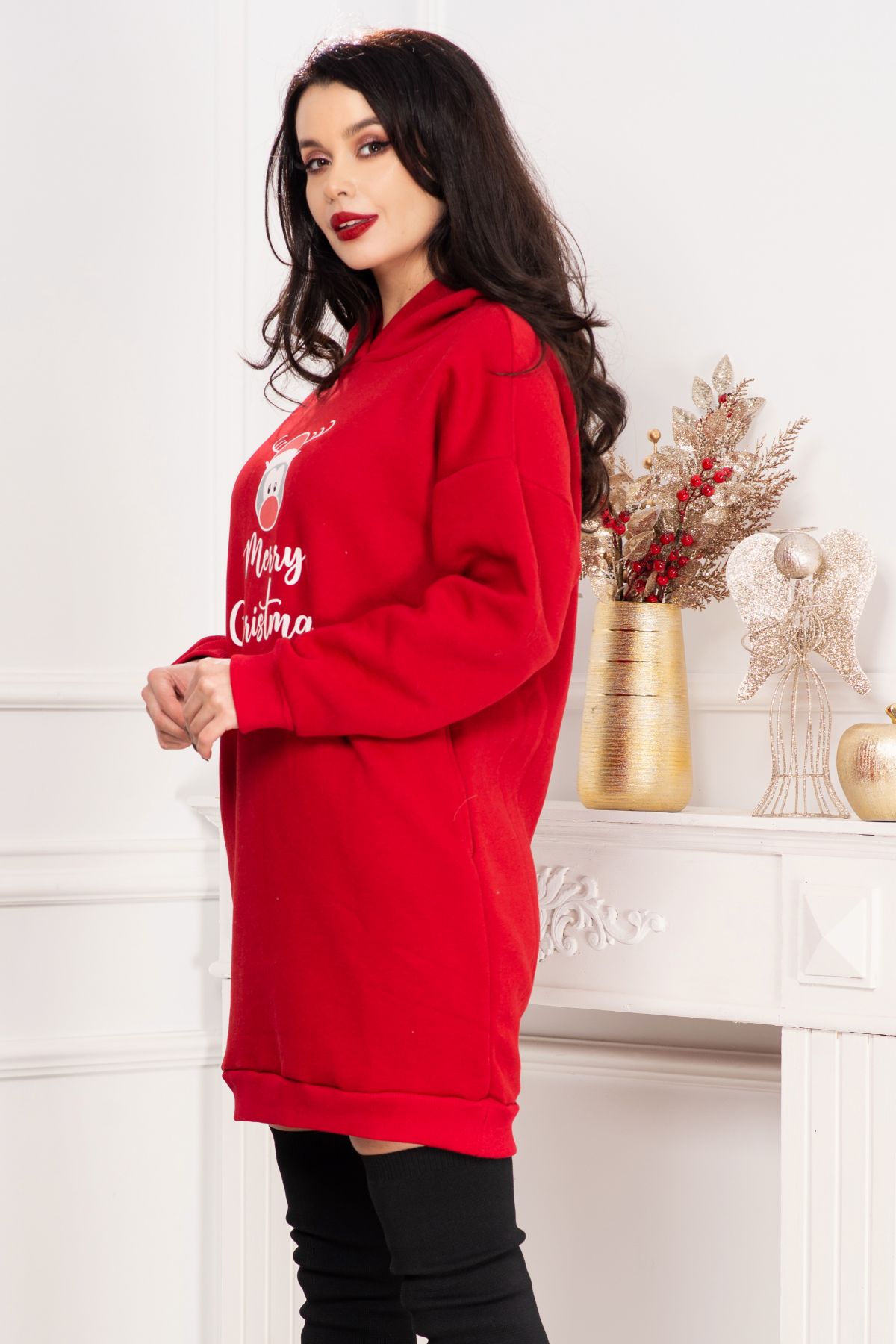 Reducere 38% - Pulover Merry Christmas rosu lejer cu model ren 1 Pulover Merry Christmas rosu lejer cu model ren