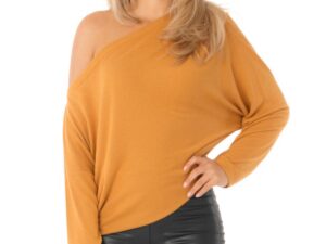 Pulover Pretty Girl mustar din vascoza cu umarul gol si maneci tip fluture