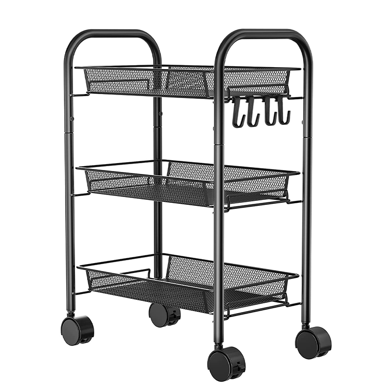 Reducere 20% - Raft metalic mobil tip carucior pentru bucatarie, 3 polite si 4 agatatori, negru, 44x26x64cm 1 Raft metalic mobil tip carucior pentru bucatarie