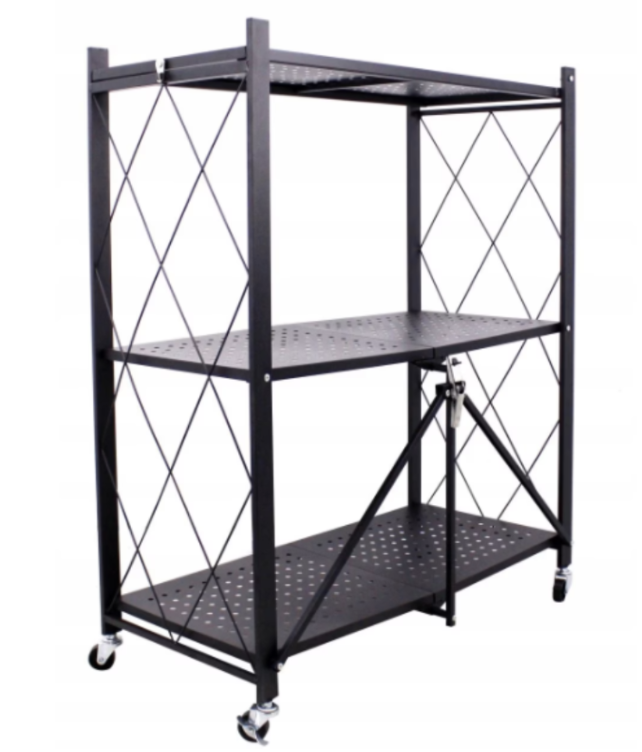 Reducere 46% - Raft depozitare metalic pliabil pe roti 3 polite 71,5 x 39 x 89 cm 1 Raft depozitare metalic pliabil pe roti 3 polite 71