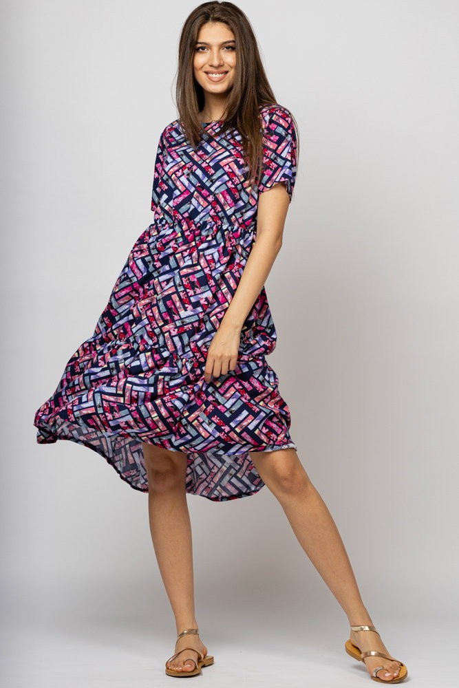 Reducere 40% - Rochie babydoll midi, cu imprimeu geometric pe fond mov - bleumarin 1 Rochie babydoll midi