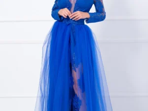 Rochie de seara lunga albastra Aurora din tulle si dantela