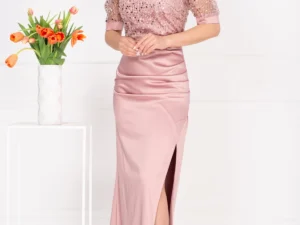 Rochie de seara Sophia roz din tafta cu bust din paiete