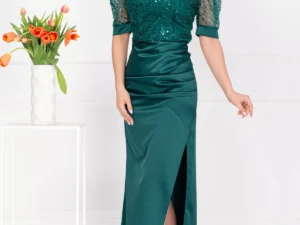 Rochie de seara Sophia verde din tafta cu bust din paiete