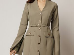 Rochie DY Fashion scurta kaki cu maneci crapate cu dantela