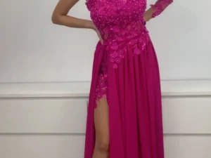 Rochie eleganta lunga din voal cu broderie florala 3D
