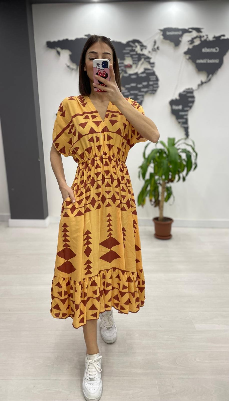 Reducere 38% - Rochie midi din bumbac, cu elastic in talie si imprimeu ciocolatiu pe fond galben 1 Rochie midi din bumbac
