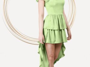 Rochie Pretty Girl asimetrica verde de vara cu volane