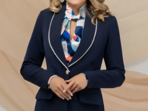 Sacou elegant bleumarin Pretty Girl cu perle la baza gatului